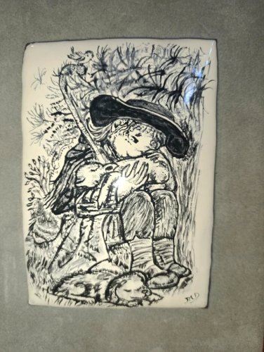 ancien Tableau plaque tôle émaillée decor enfant signé signé MD en bon etat