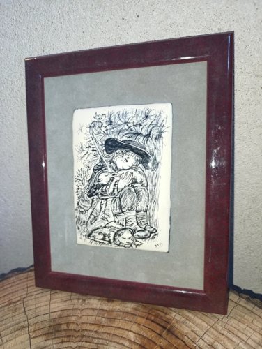 ancien Tableau plaque tôle émaillée decor enfant signé signé MD en bon etat