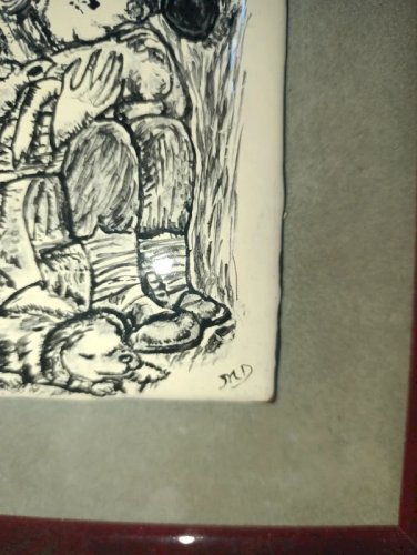 ancien Tableau plaque tôle émaillée decor enfant signé signé MD en bon etat