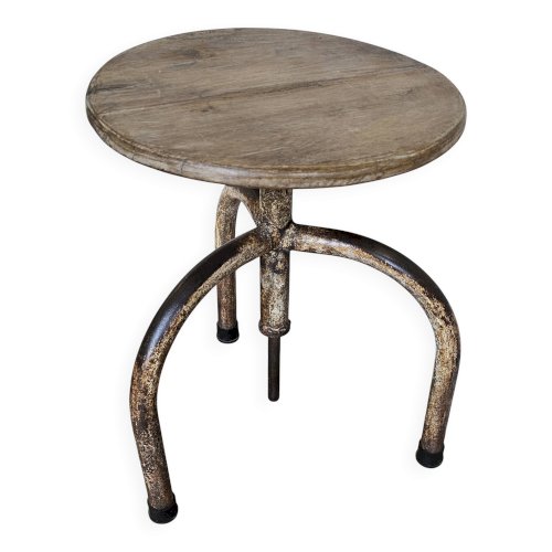 Ancien tabouret datelier en teck + fer forgé