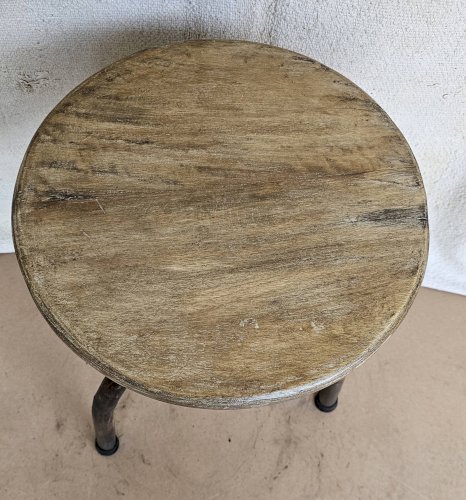 Ancien tabouret datelier en teck + fer forgé