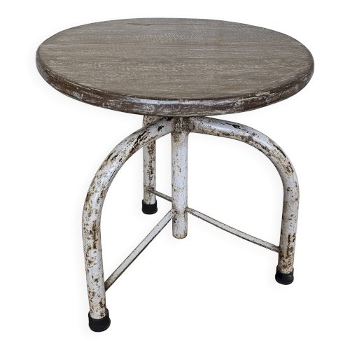 Ancien tabouret datelier en teck + fer forgé