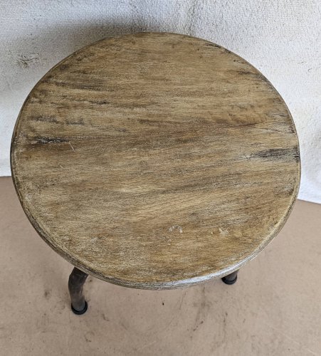 Ancien tabouret datelier en teck + fer forgé