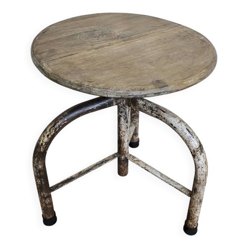 Ancien tabouret datelier en teck + fer forgé