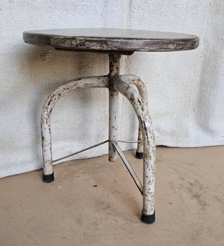 Ancien tabouret datelier en teck + fer forgé