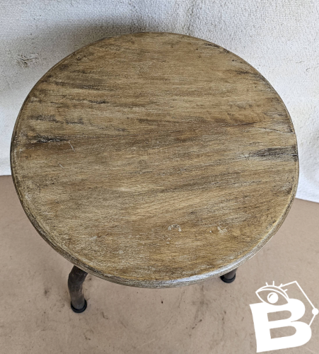 Ancien tabouret datelier en teck + fer forgé