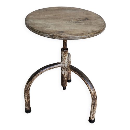 Ancien tabouret datelier en teck + fer forgé