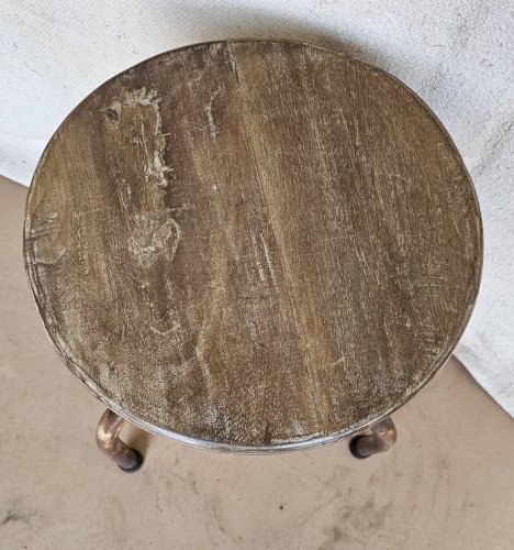 Ancien tabouret datelier en teck + fer forgé