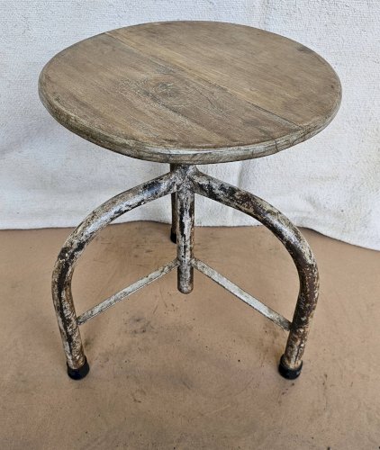 Ancien tabouret datelier en teck + fer forgé