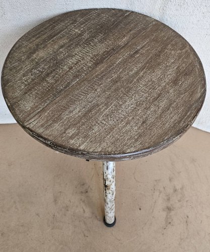 Ancien tabouret datelier en teck + fer forgé