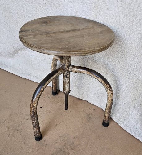Ancien tabouret datelier en teck + fer forgé