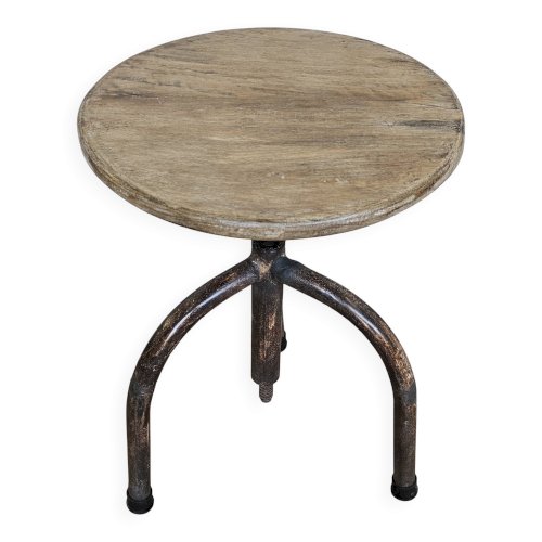 Ancien tabouret datelier en teck + fer forgé