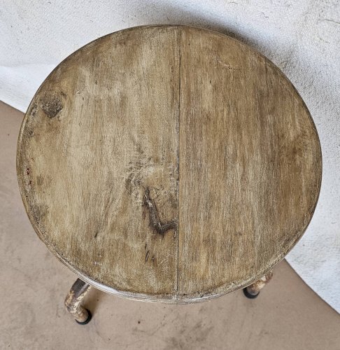 Ancien tabouret datelier en teck + fer forgé