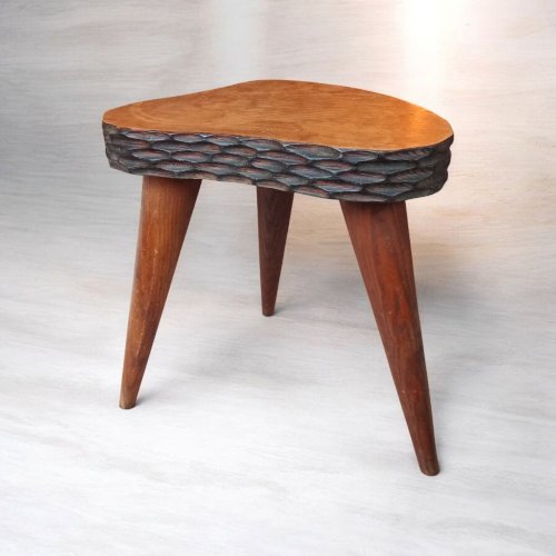Ancien  tabouret tripode bois style Jean Touret  brutaliste brutalisme