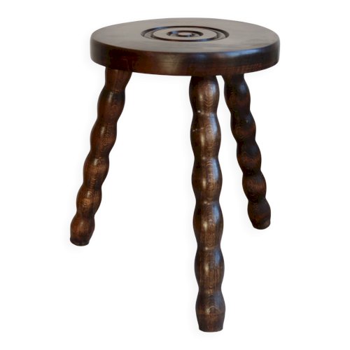 Ancien tabouret tripode de traite en bois - Pieds tournés