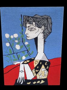Vintage wool tapestry canvas embroidery painting Picasso Jacqueline with flowers