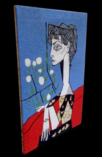 Ancien tapisserie laine broderie canevas tableau  Picasso Jacqueline aux fleurs