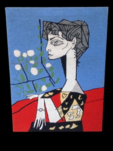 Ancien tapisserie laine broderie canevas tableau  Picasso Jacqueline aux fleurs