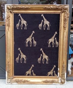 Antique Very Large Gilded Frame Velvet Mat Giraffe Decoration Unique Piece