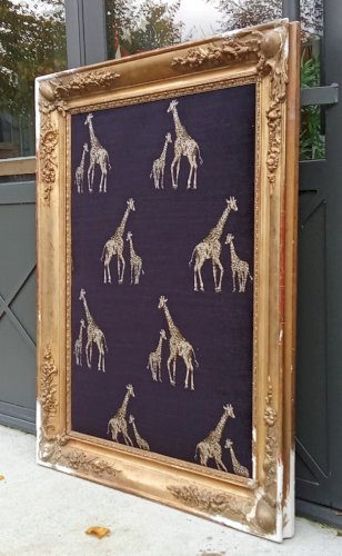 Ancien Très Grand Cadre Doré Encadrement Velours Décor Girafe Pièce Unique