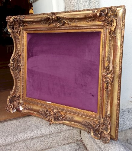 Ancien Très Grand Cadre Encadrement Doré Style Louis XV Velours  Pièce Unique