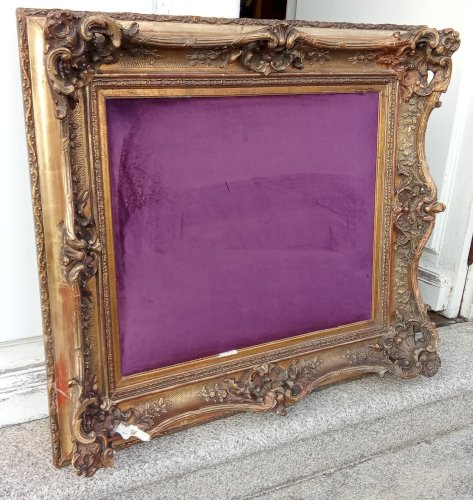 Ancien Très Grand Cadre Encadrement Doré Style Louis XV Velours  Pièce Unique