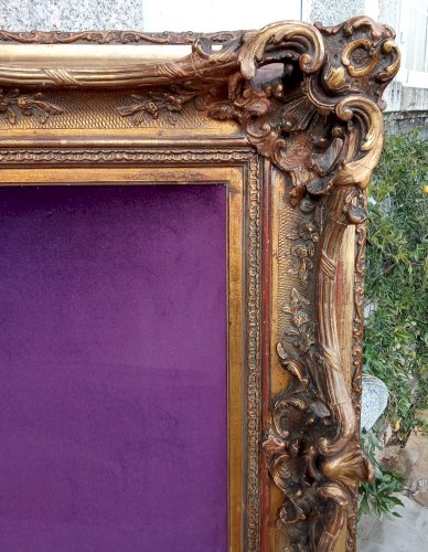 Ancien Très Grand Cadre Encadrement Doré Style Louis XV Velours  Pièce Unique
