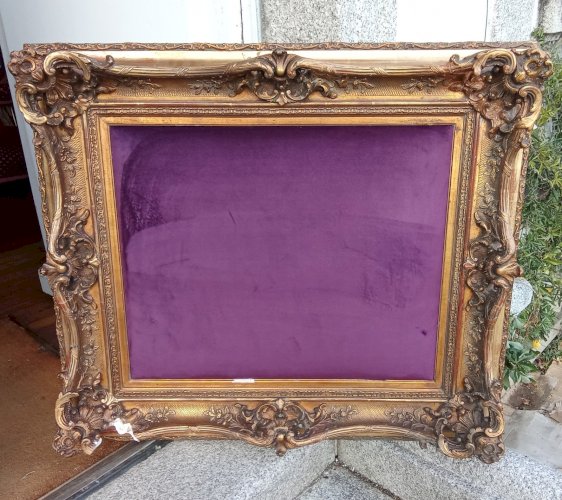 Ancien Très Grand Cadre Encadrement Doré Style Louis XV Velours  Pièce Unique