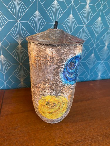 Ancien vase à couvert, terre cuite émaillée, école Italienne Romacréa, 1950.