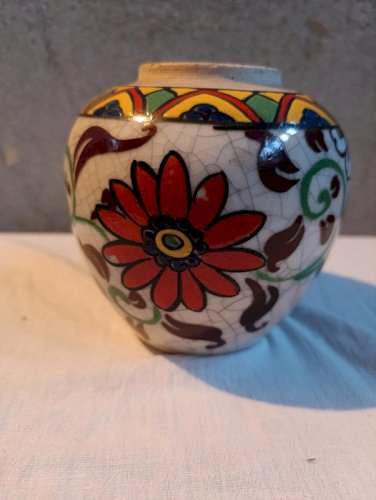 ancien vase boule en ceramique craquelé à decor floral en bon etat