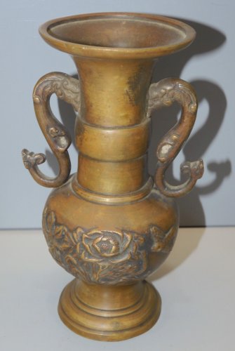 - ANCIEN VASE BRONZE JAPON ANSES TETES D'ELEPHANT COLLECTION Belle Patine     D