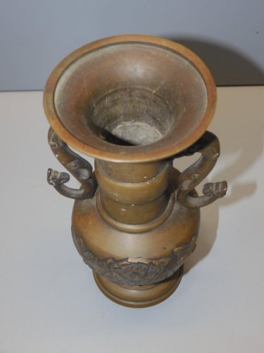 - ANCIEN VASE BRONZE JAPON ANSES TETES D'ELEPHANT COLLECTION Belle Patine     D