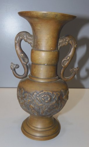 - ANCIEN VASE BRONZE JAPON ANSES TETES D'ELEPHANT COLLECTION Belle Patine     D