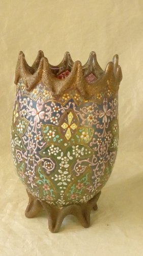 ANCIEN VASE EN VERRE EMAILLE EPOQUE 19 éme ACCIDENTÉ **