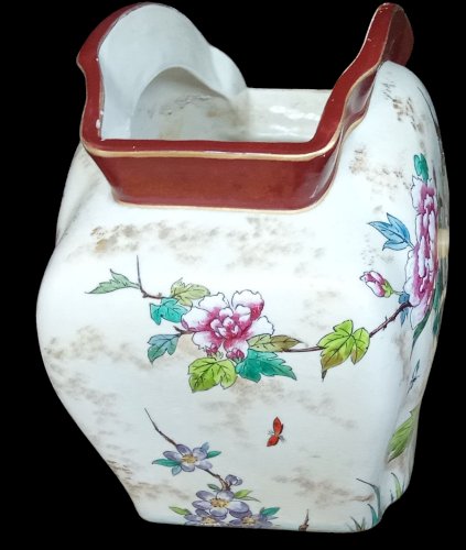 Ancien Vase Jardinière Céramique Polychrome Décor Japonisant Pivoine Oiseau