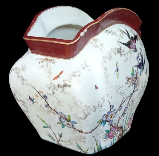 Ancien Vase Jardinière Céramique Polychrome Décor Japonisant Pivoine Oiseau