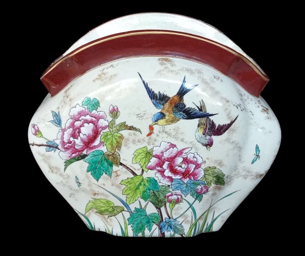 Ancien Vase Jardinière Céramique Polychrome Décor Japonisant Pivoine Oiseau