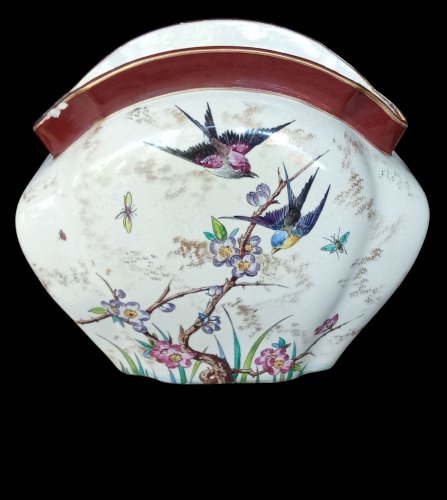 Ancien Vase Jardinière Céramique Polychrome Décor Japonisant Pivoine Oiseau