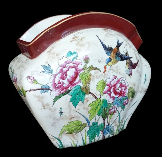 Ancien Vase Jardinière Céramique Polychrome Décor Japonisant Pivoine Oiseau