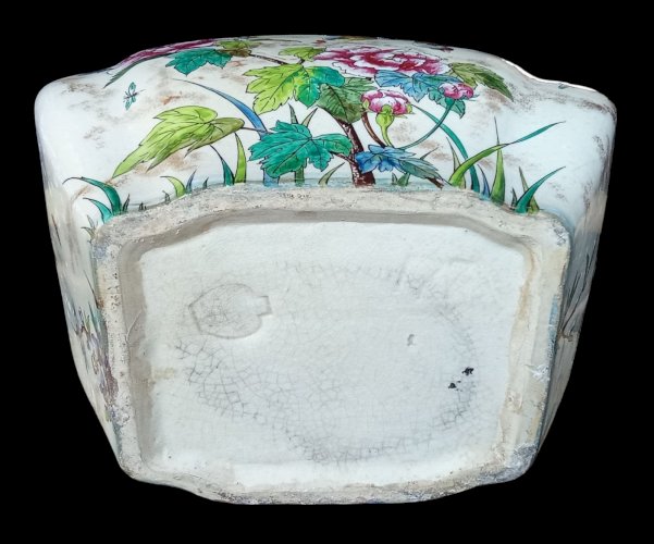 Ancien Vase Jardinière Céramique Polychrome Décor Japonisant Pivoine Oiseau