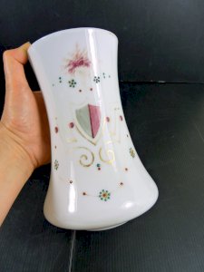 Antique white opaline crystal vase with enamel decoration of a coat of arms and fine gold H- 20cm