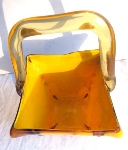 ancien vase panier carré, Art Déco, pâte de verre orange et coulures marron