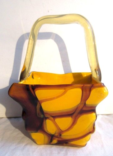 ancien vase panier carré, Art Déco, pâte de verre orange et coulures marron