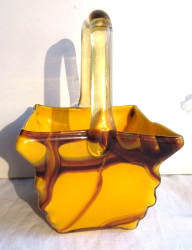 ancien vase panier carré, Art Déco, pâte de verre orange et coulures marron
