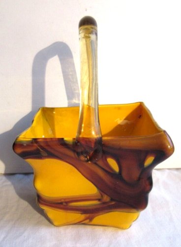 ancien vase panier carré, Art Déco, pâte de verre orange et coulures marron