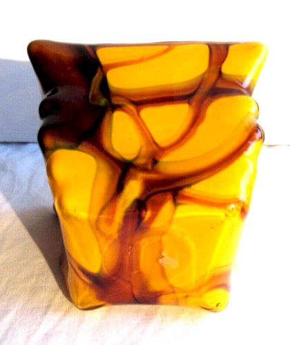 ancien vase panier carré, Art Déco, pâte de verre orange et coulures marron
