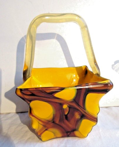 ancien vase panier carré, Art Déco, pâte de verre orange et coulures marron