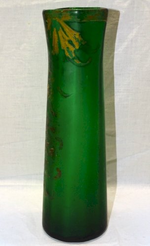 -ANCIEN VASE PATE DE VERRE de COULEUR VERTE MOTIFS Dorés Estompés VITRINE     D