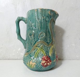 Antique Art Deco turquoise barbotine pitcher vase with snake.