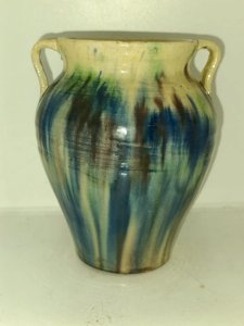 old multicolored enamelled vase/pot with handle in good condition